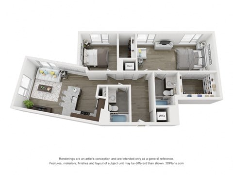 Floor plan for 2 beds, 2 baths, 1073 sqft